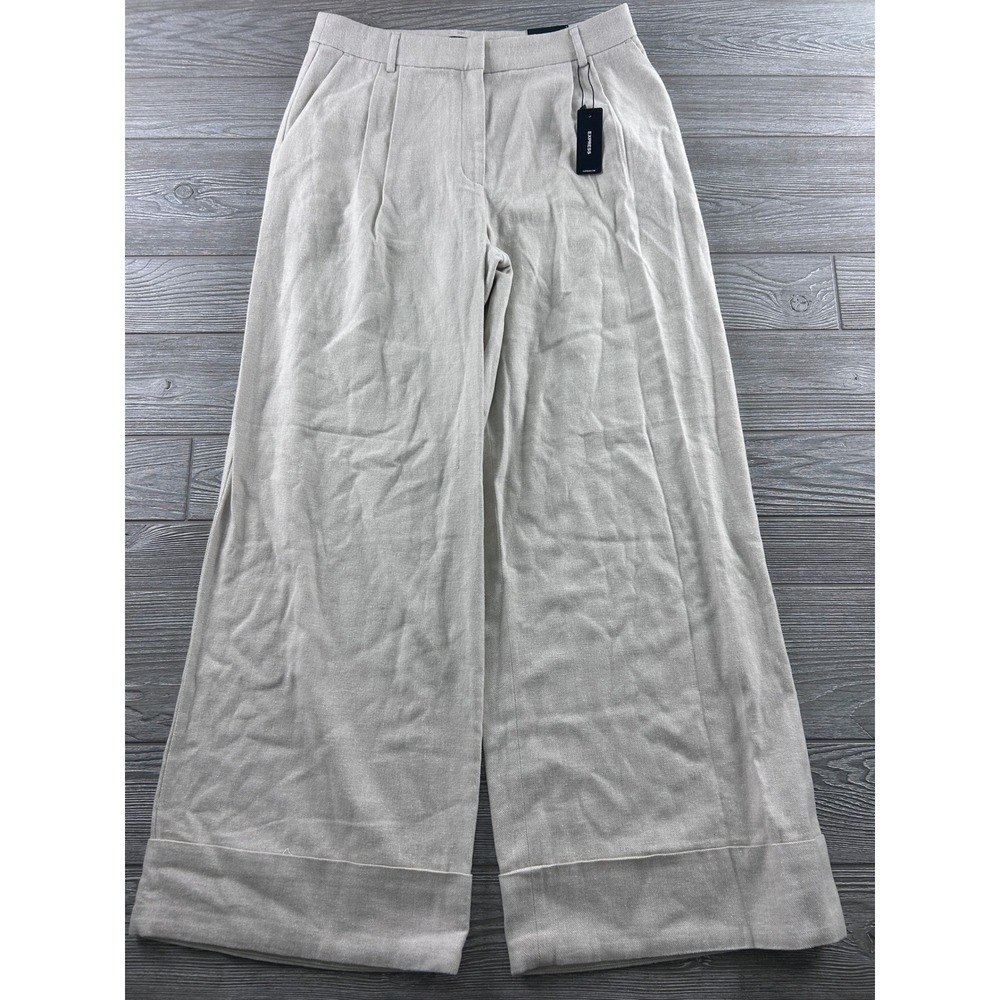 Express Stylist High Rise Wide Leg Trousers Oatmeal Beige Wool Blend Pants 10R